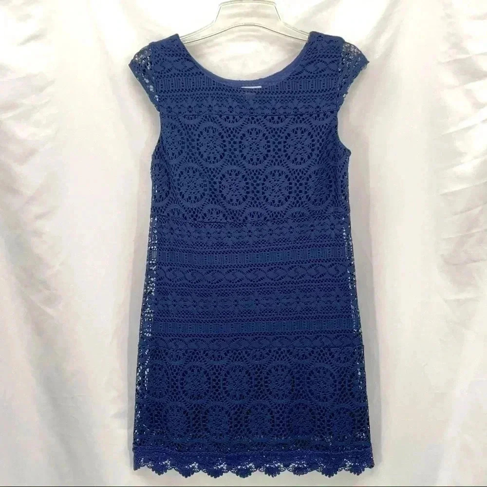 Xhilaration‎ Women’s Dark Blue Crochet Cap Sleeve Dress Small Lined Slip On